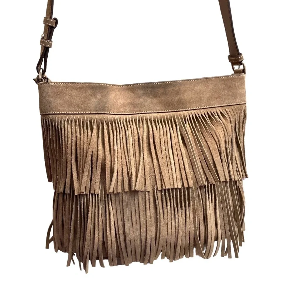 Michael Kors billy light brown suede fringed shoulder crossbody messenger bag